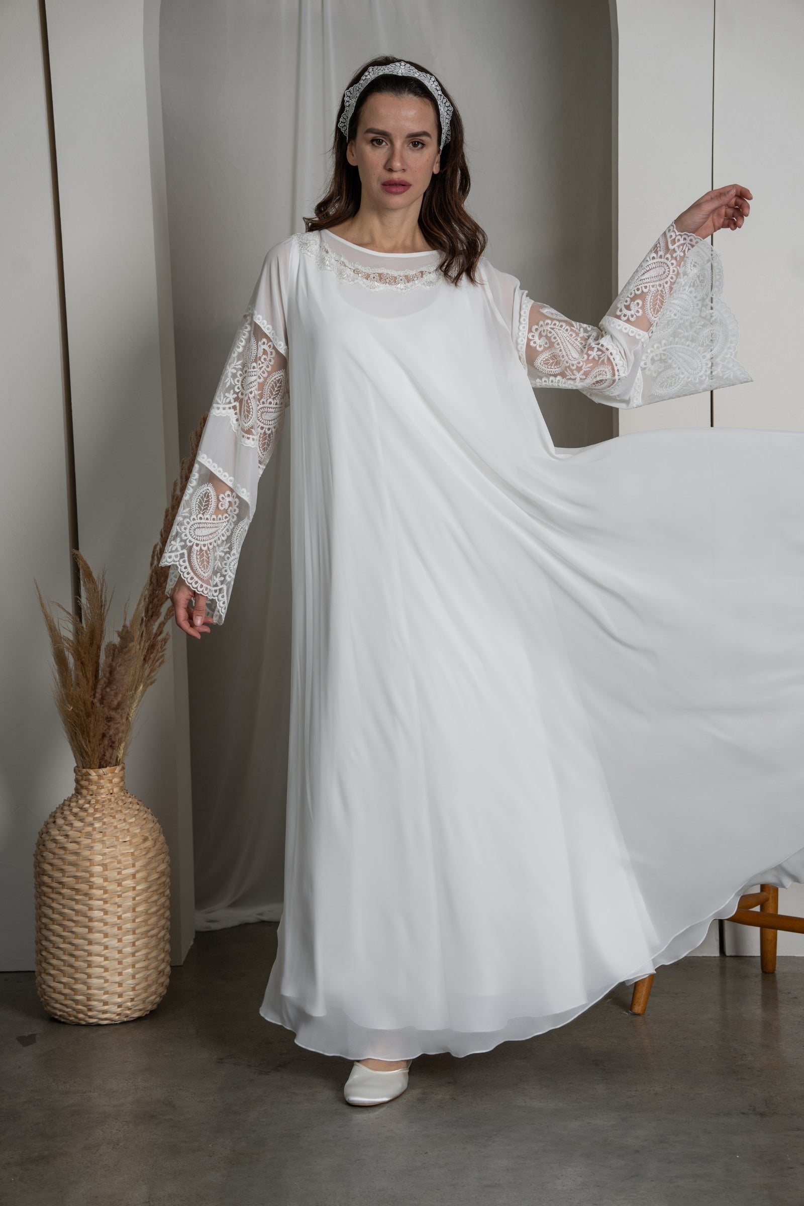 Elegant Wide Flared Dress White Lace