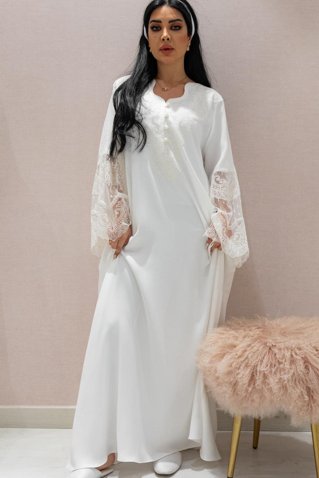 Elegant White Embroidered Dress with Lace Bell Sleeves – Flowy Maternity & Occasion Wear