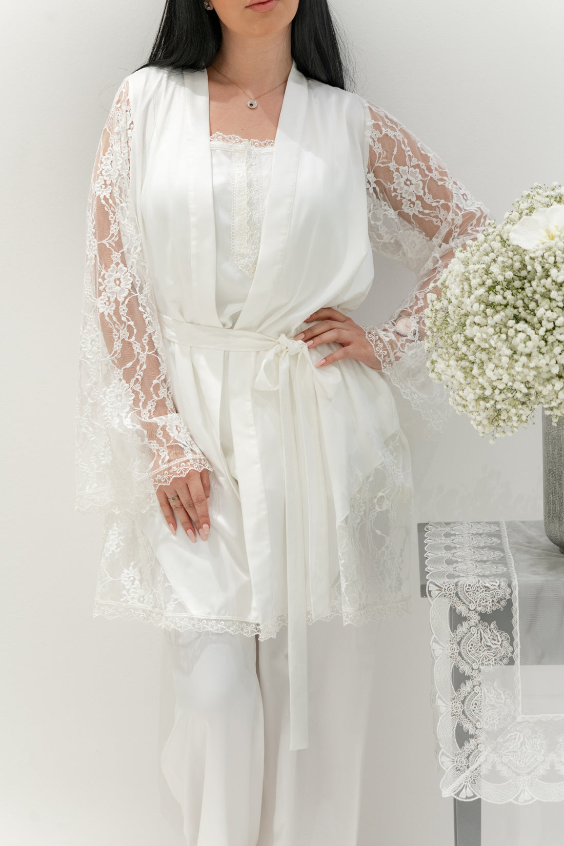 4-Piece Lace Pyjama Set with Sheer Sleeves – Available in Multiple Elegant Colors