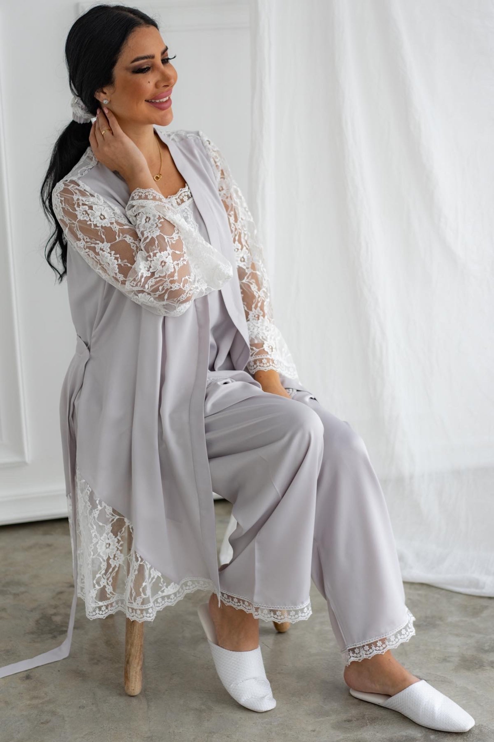 Luxury Pajama Set with Elegant Lace Sleeves