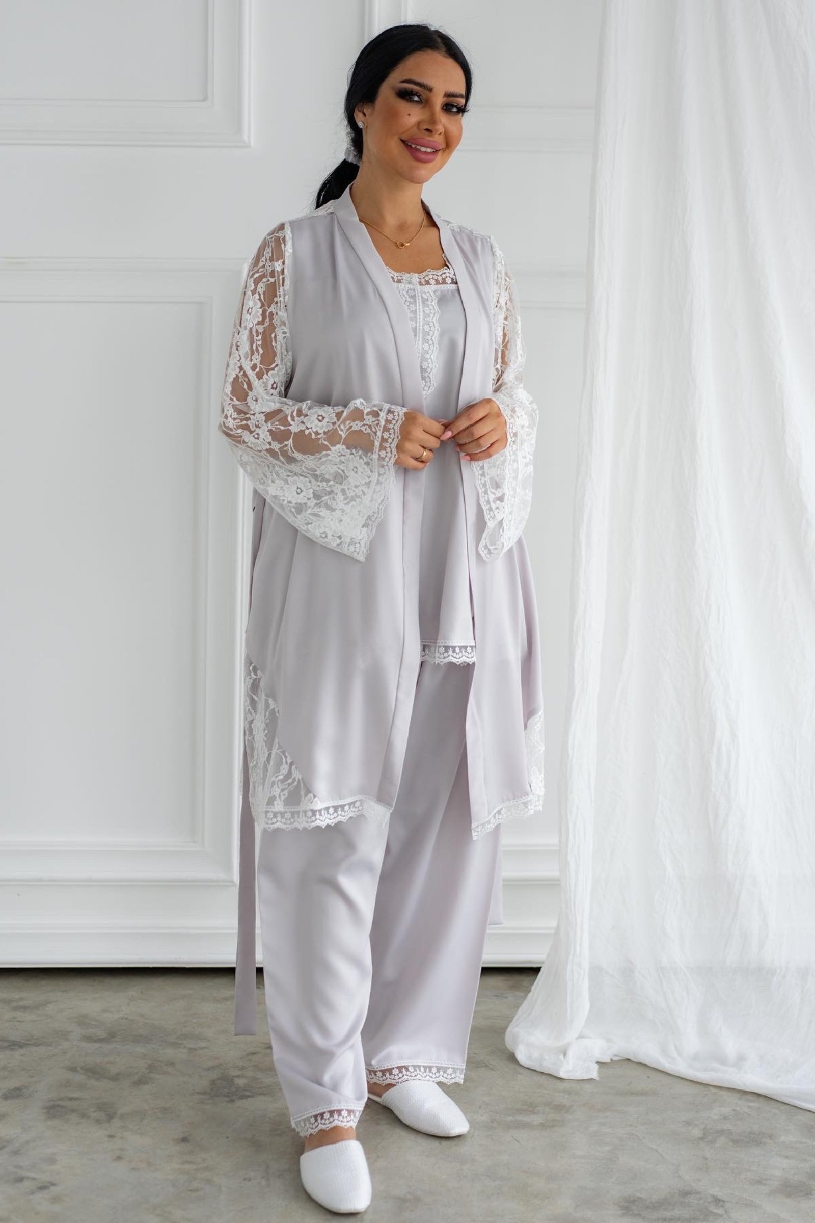 Luxury Pajama Set with Elegant Lace Sleeves