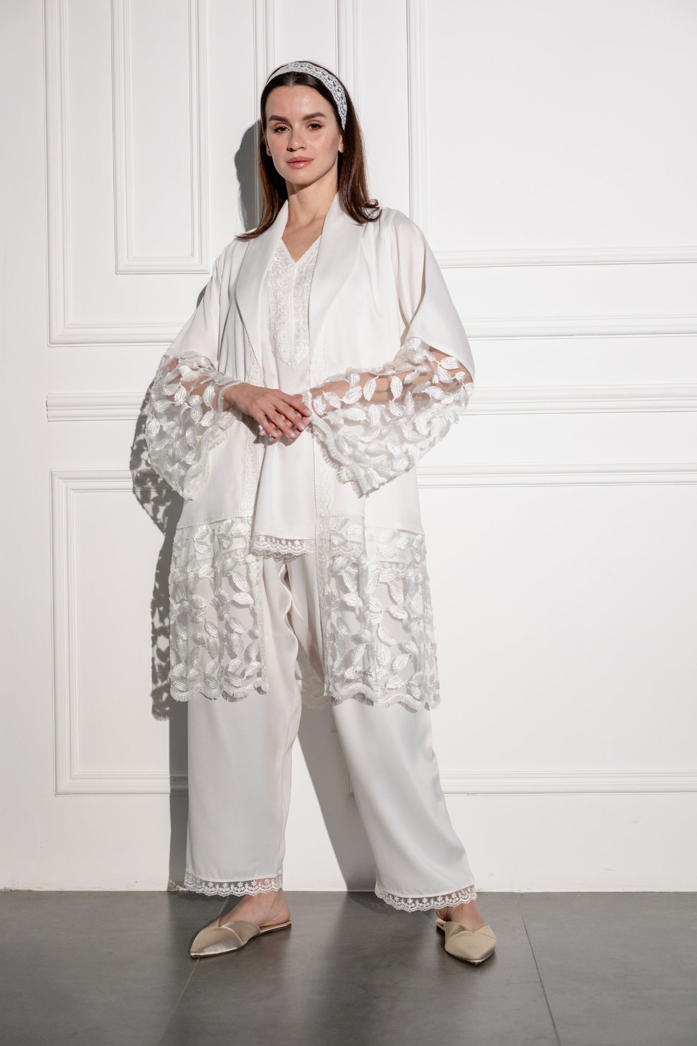 Luxury Pajama Set with Elegant Embroidered Lace Sleeves