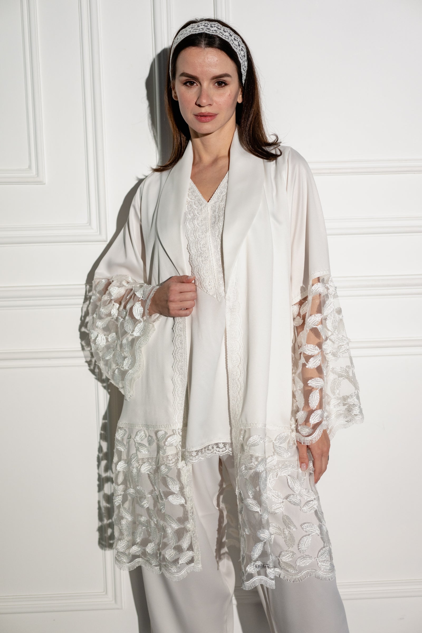 Luxury Pajama Set with Elegant Embroidered Lace Sleeves