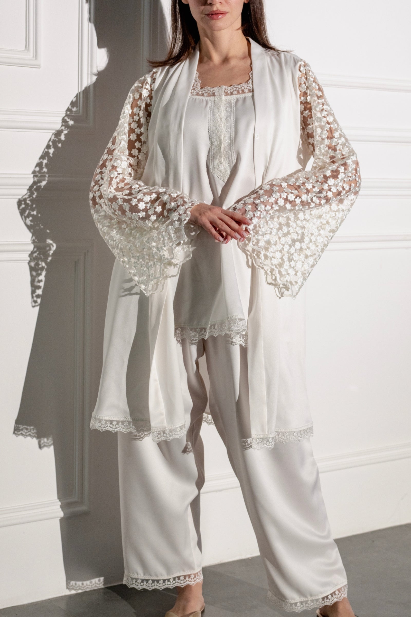 Luxury Pajama Set with Elegant Embroidered Lace Sleeves