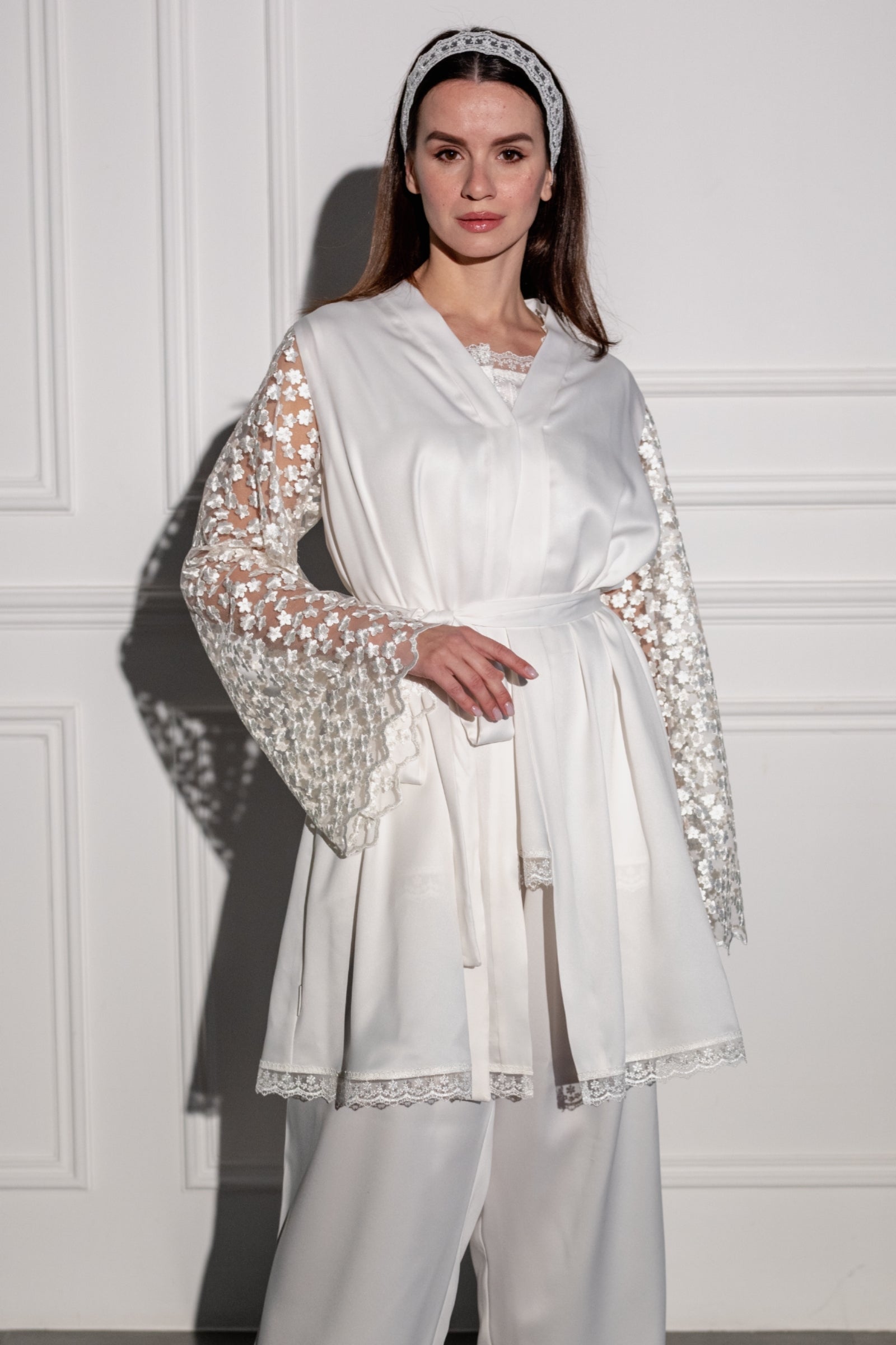 Luxury Pajama Set with Elegant Embroidered Lace Sleeves