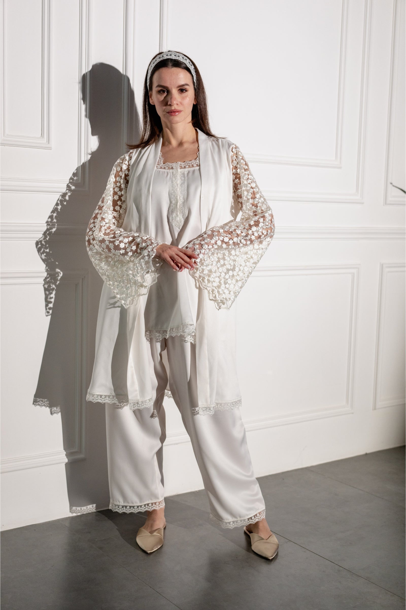 Luxury Pajama Set with Elegant Embroidered Lace Sleeves