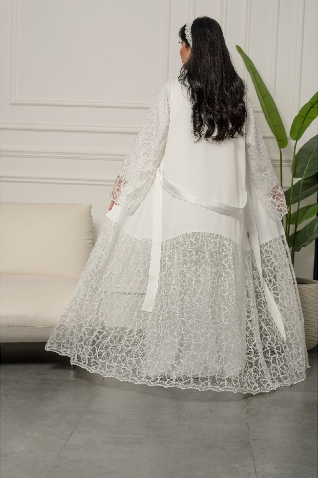 Luxury White Robe & Nursing Dress Set with Embroidered Net Lace – Elegant Maternity Wear
