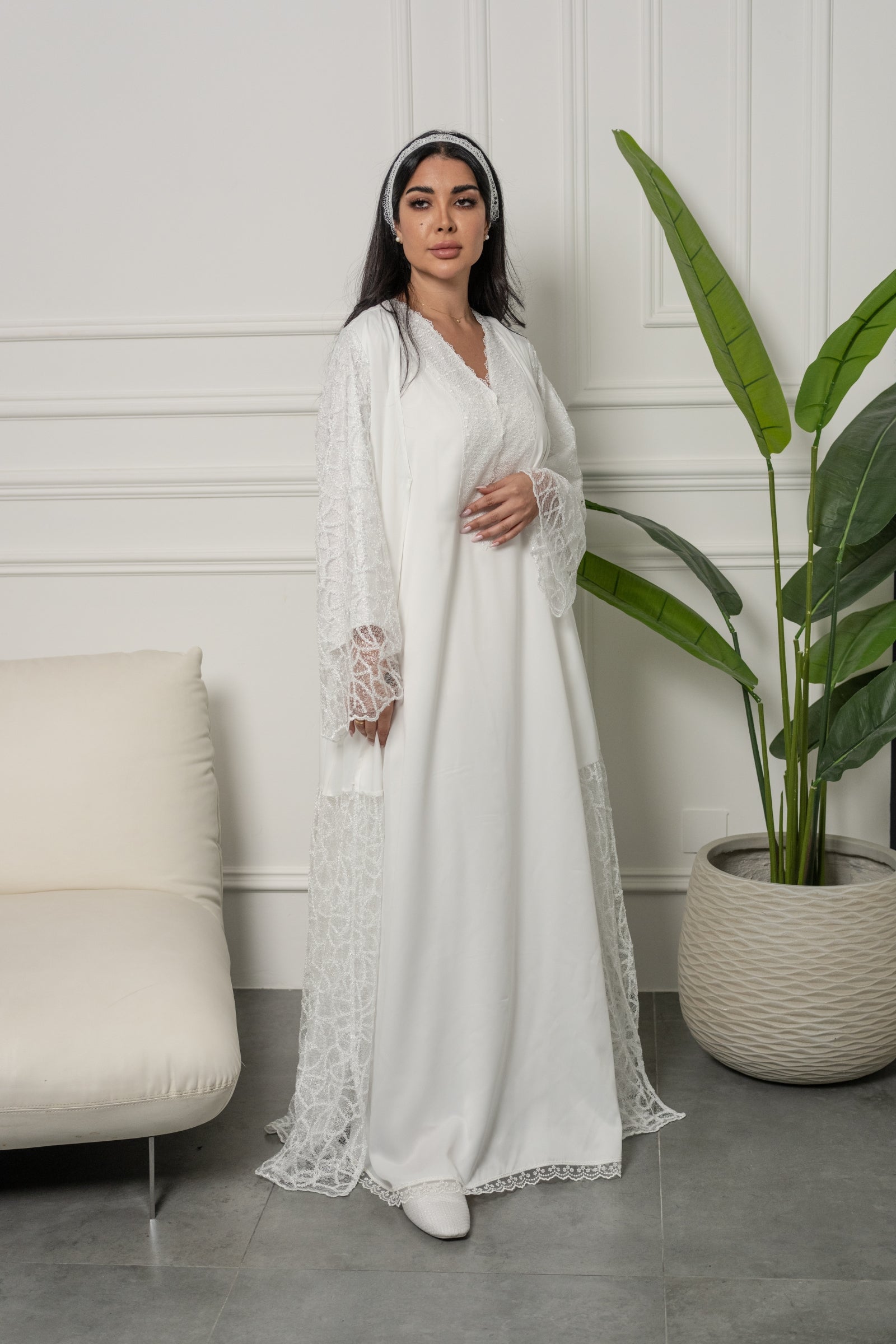 White Embroidered Robe & Nursing Dress Set  Premium Lace Maternity  Sleepwear in Kuwait  Kavarati