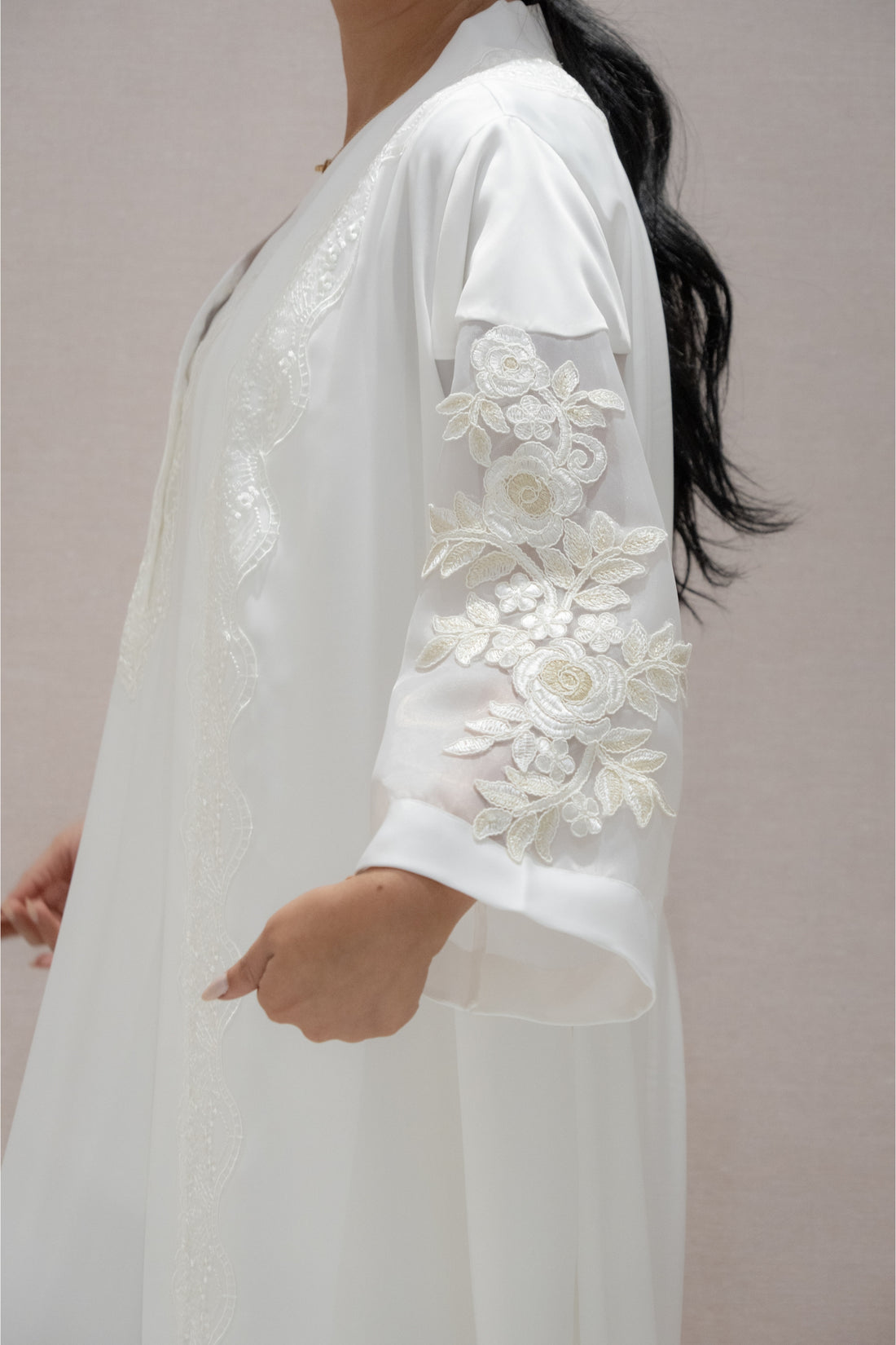 Elegant Robe & Dress Set with Gazar Sleeves – White Embroidered Wear with Golden Floral Touch