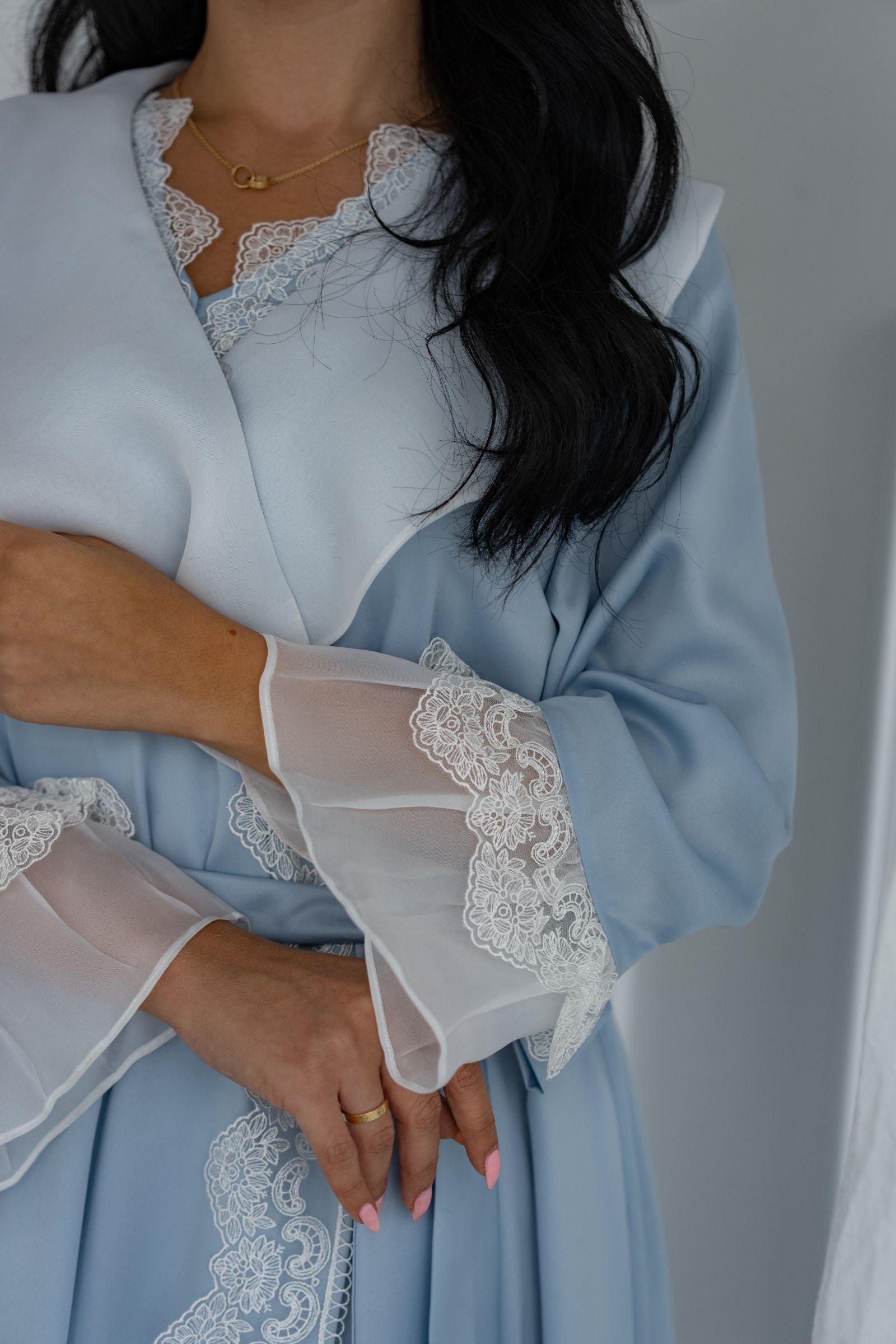 Sky Blue & White Robe Set – Elegant Lace Trim & Flowy Silhouette