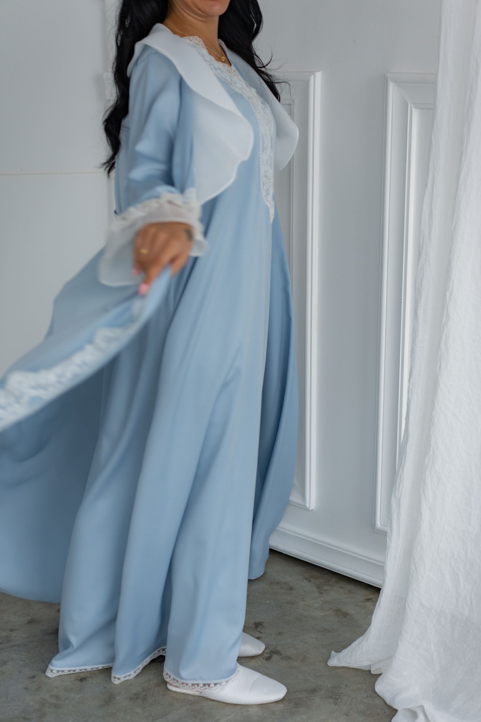 Sky Blue Robe with Lace by Kavarati | Elegant Modest Loungewear | Shop in Kuwait Sky Blue Robe with Lace by Kavarati | Elegant Modest Loungewear | Shop in Kuwait