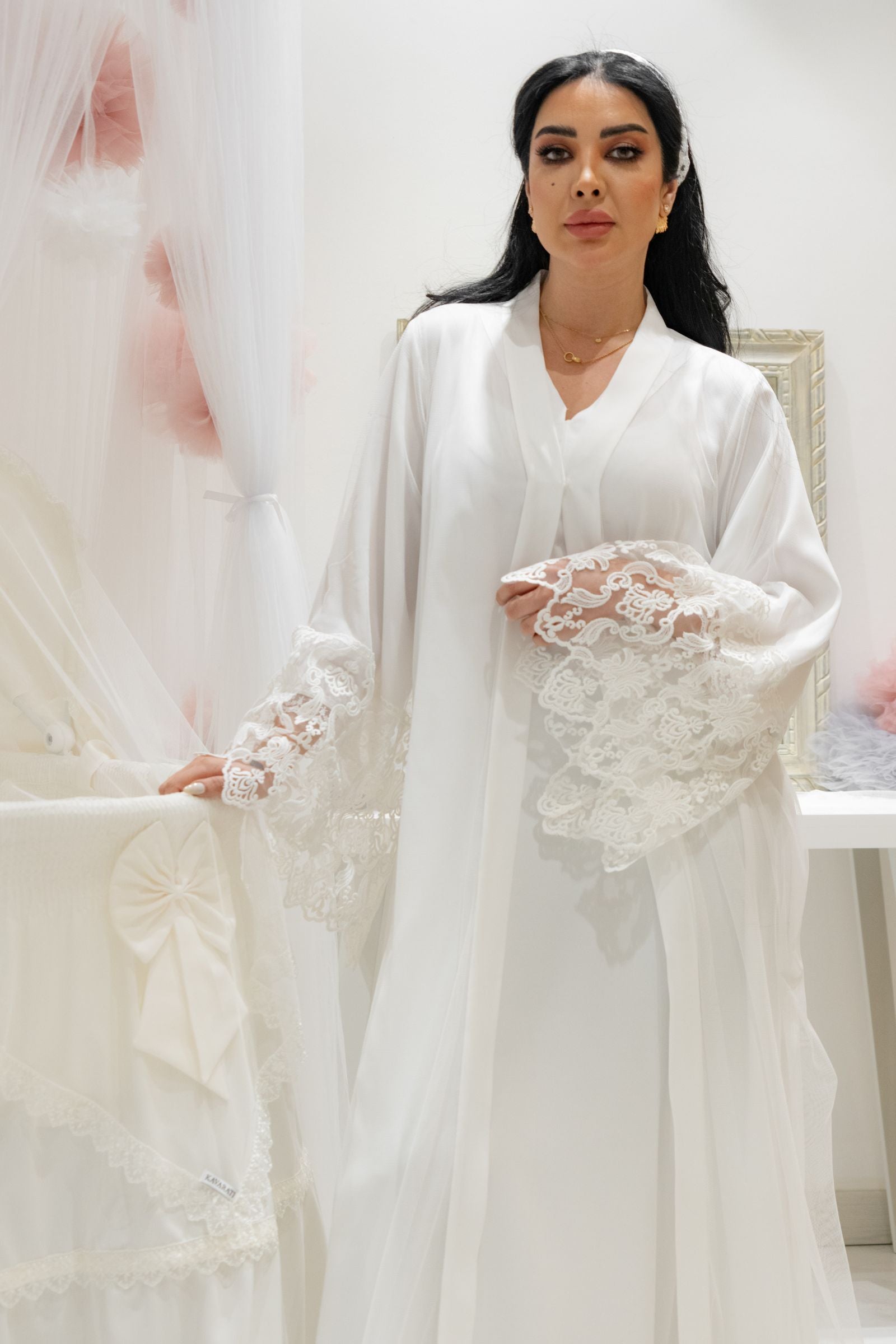 White Lace Robe by Kavarati | Elegant Maternity & Bridal Loungewear