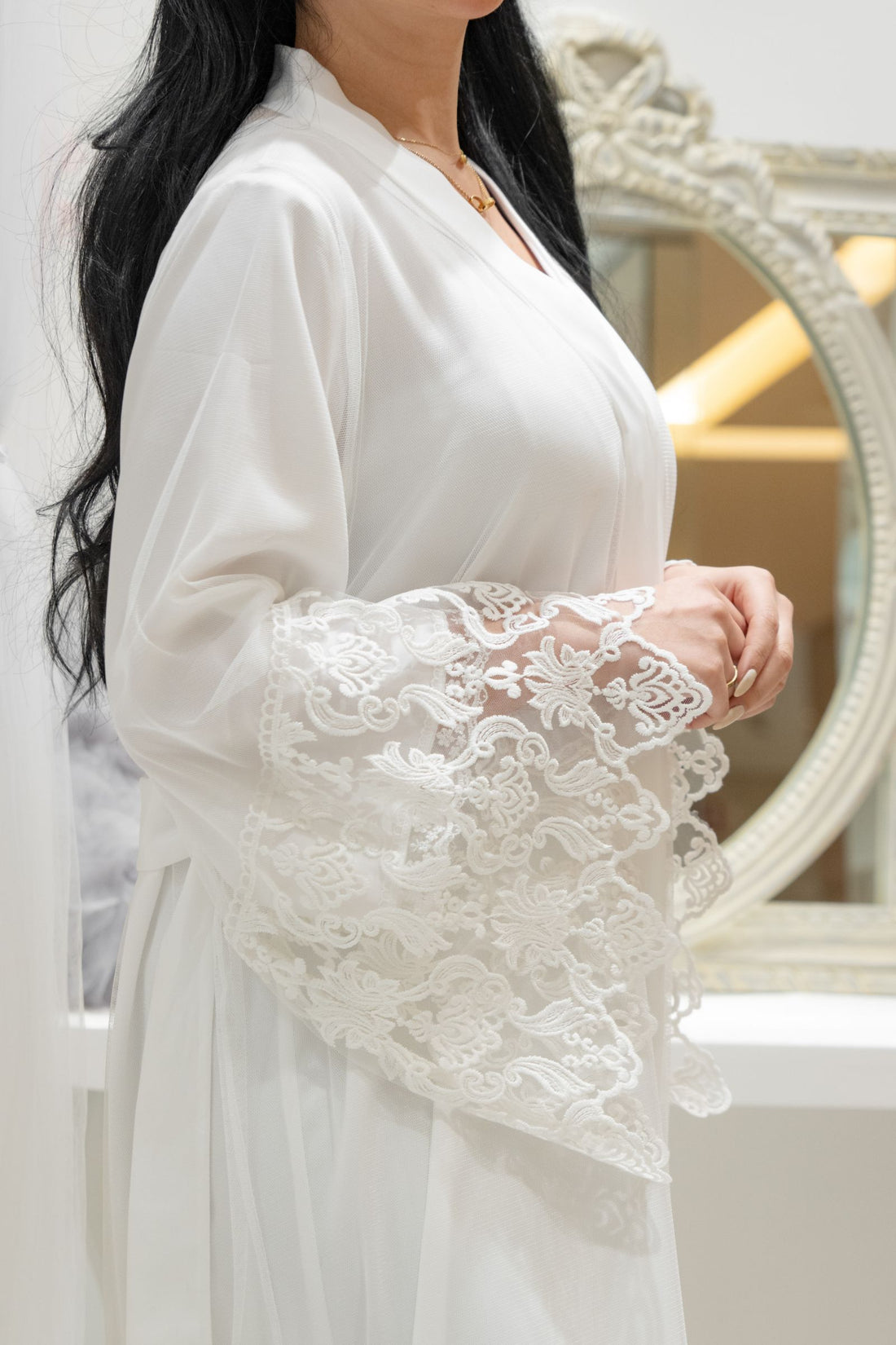 White Lace Robe – Luxury Sheer Sleeves & Elegant Embroidery