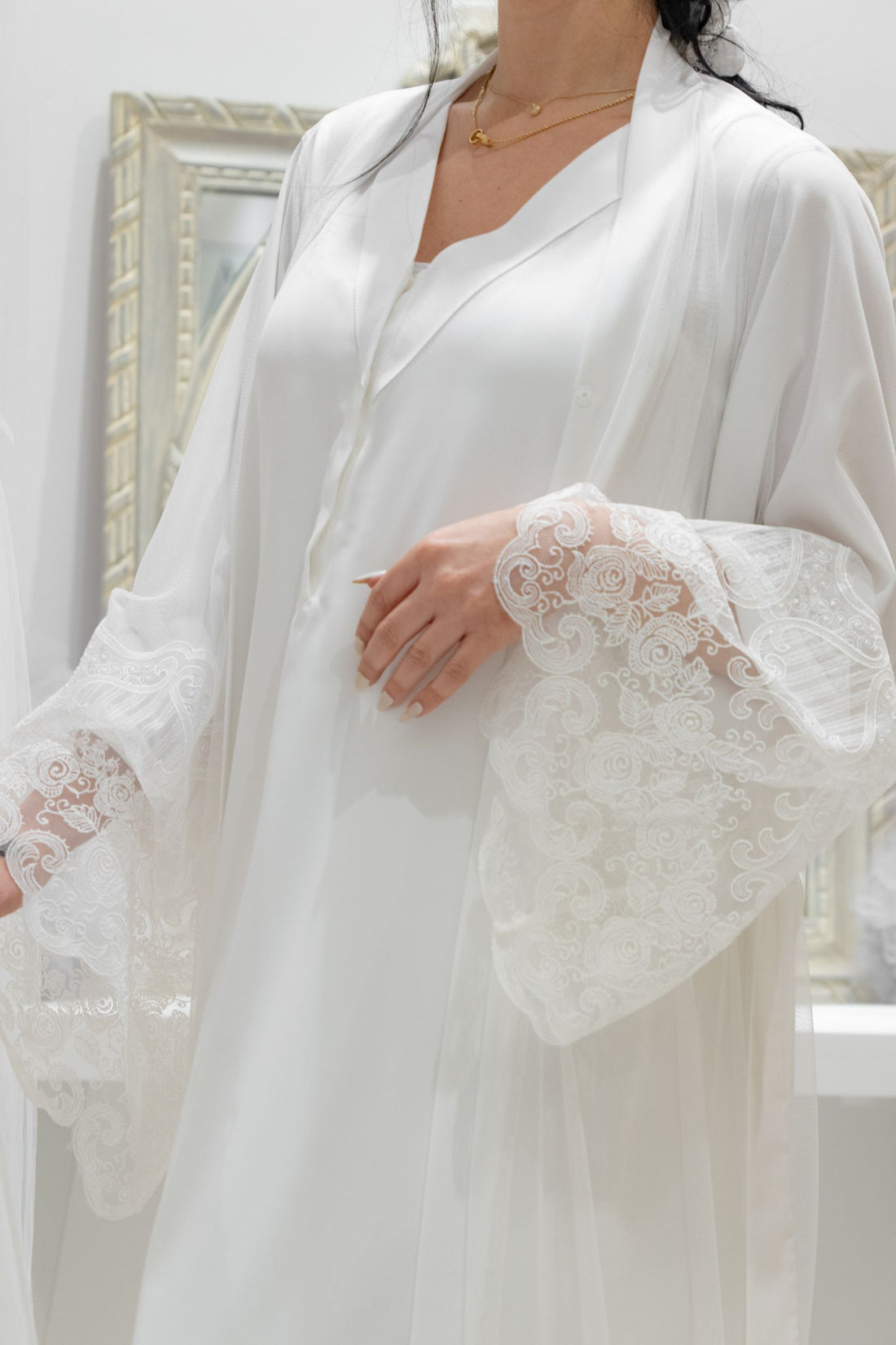White Full-Length Robe – Sheer Elegance with Lace-Embroidered Sleeves