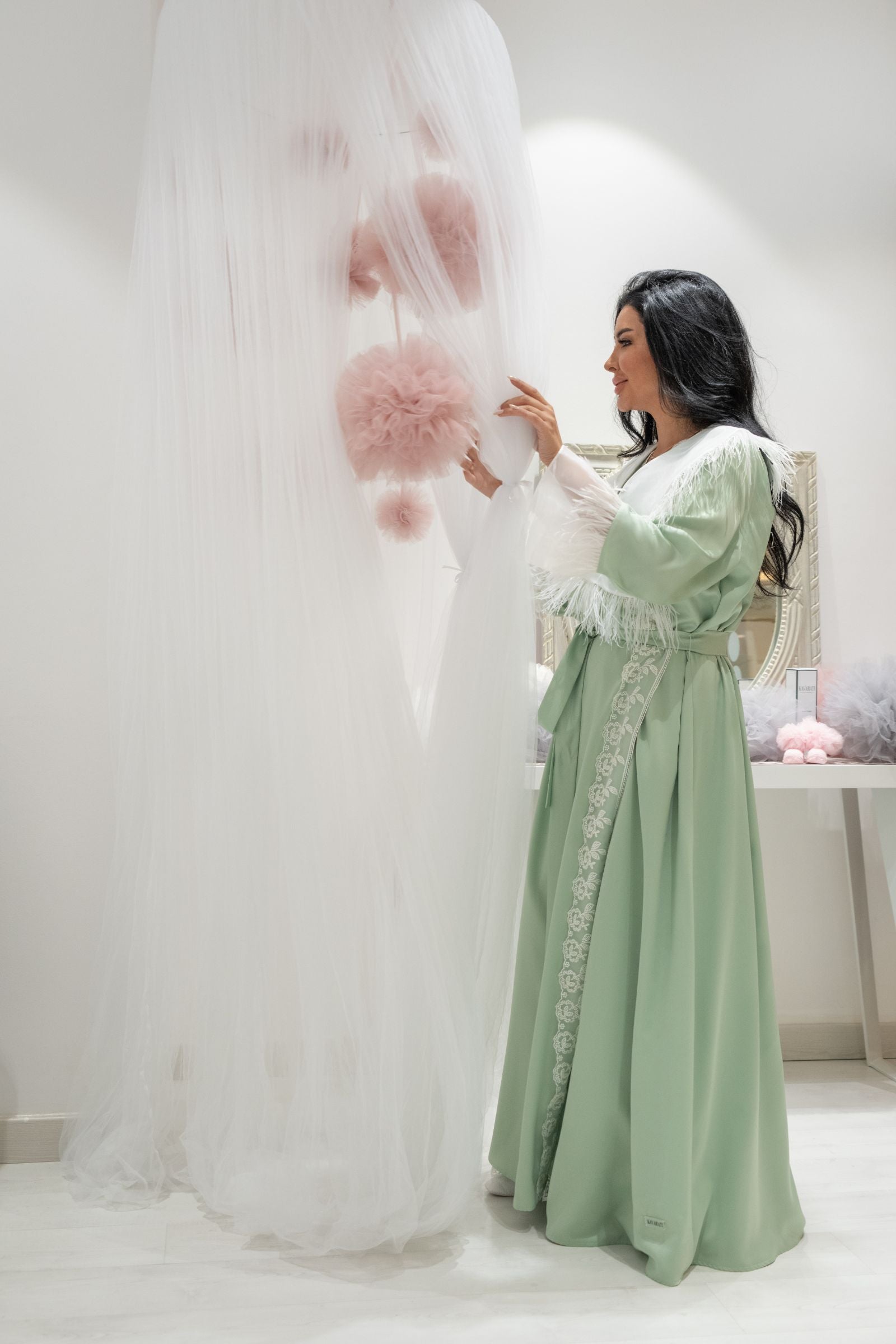 Light Pistachio Ruffled Collar Robe and Dress Set