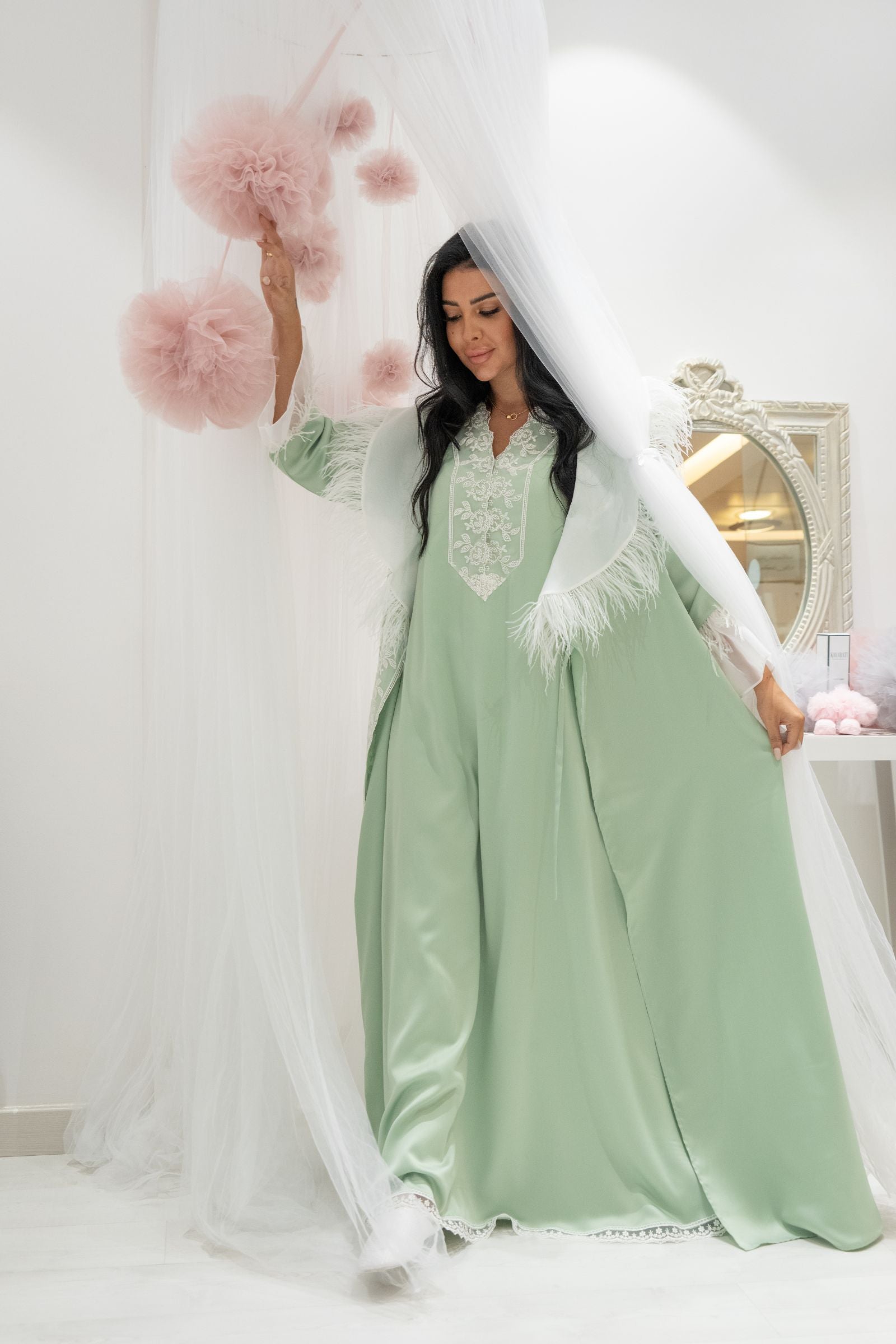 Light Pistachio Ruffled Collar Robe and Dress Set