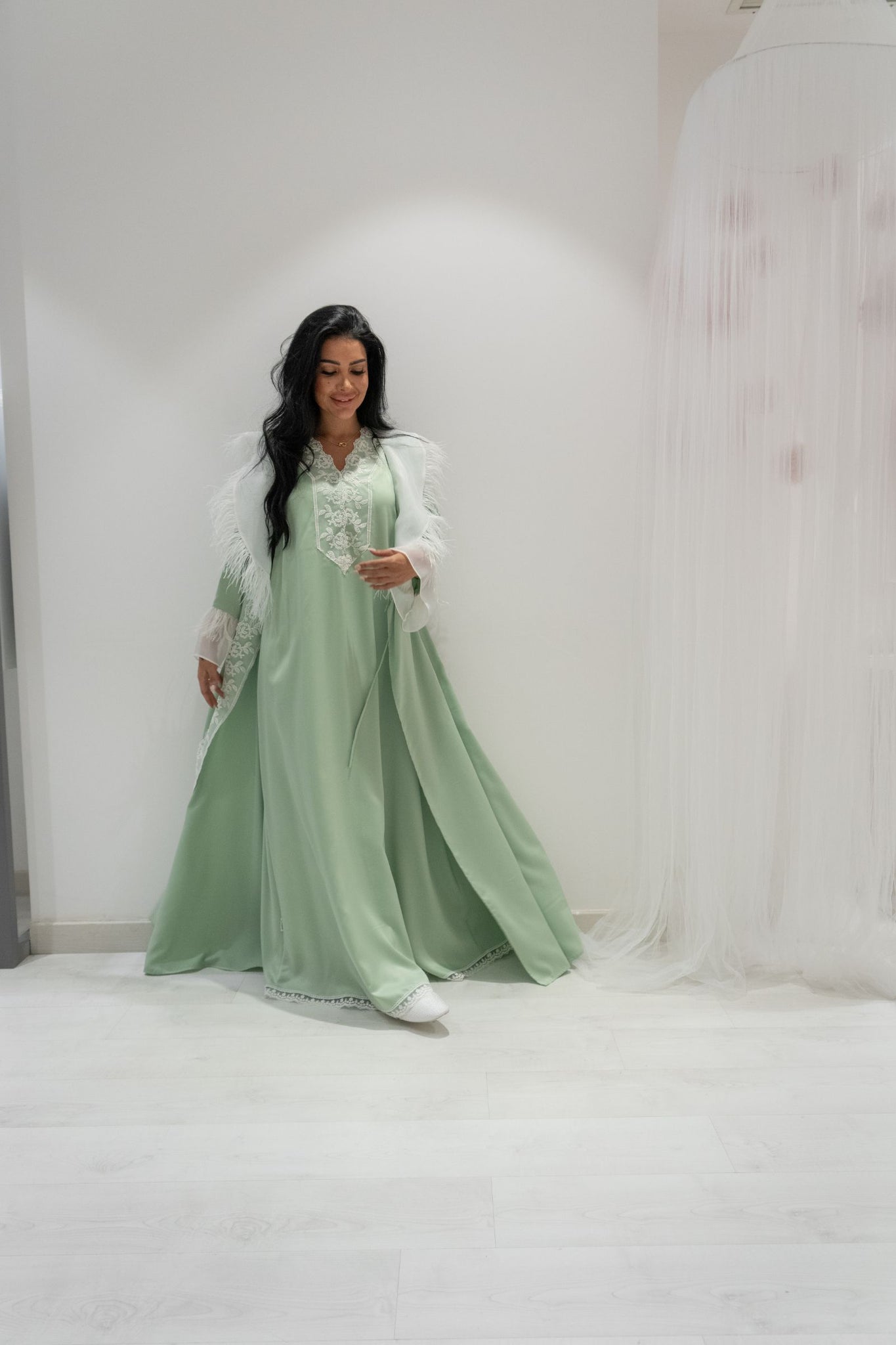 Light Pistachio Ruffled Collar Robe and Dress Set