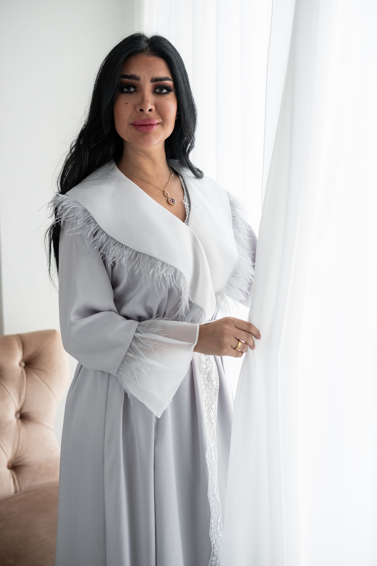 Light Pistachio Ruffled Collar Robe and Dress Set