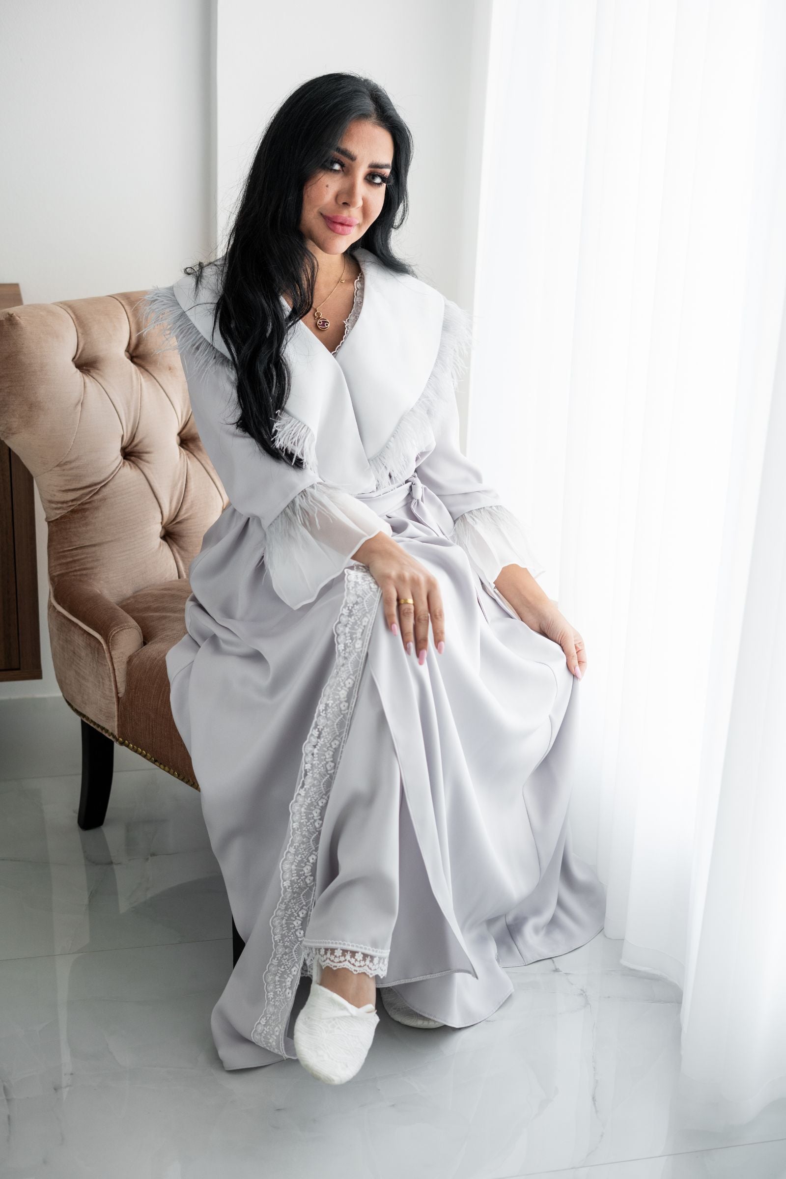 Light Pistachio Ruffled Collar Robe and Dress Set