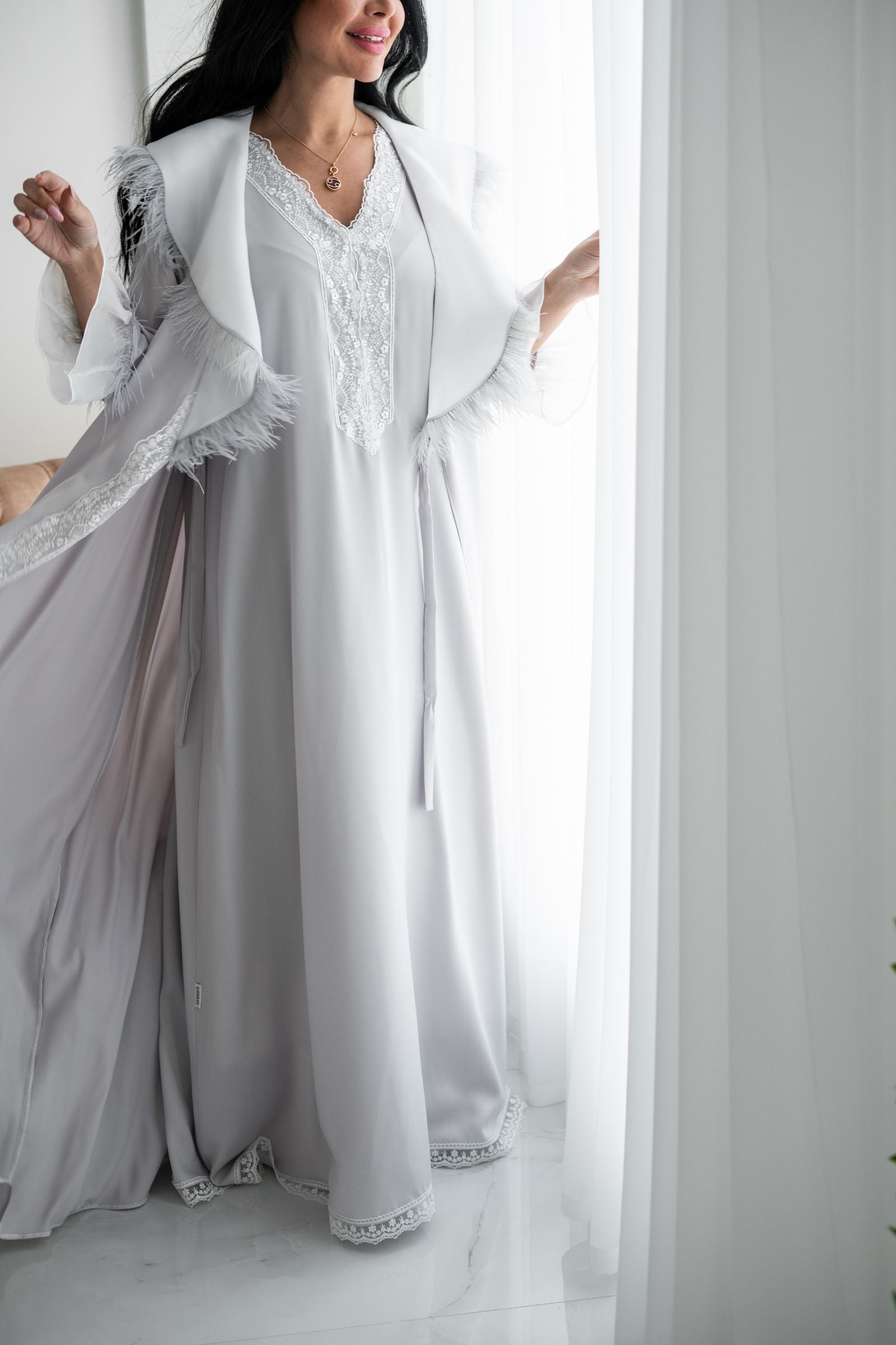 Light Pistachio Ruffled Collar Robe and Dress Set